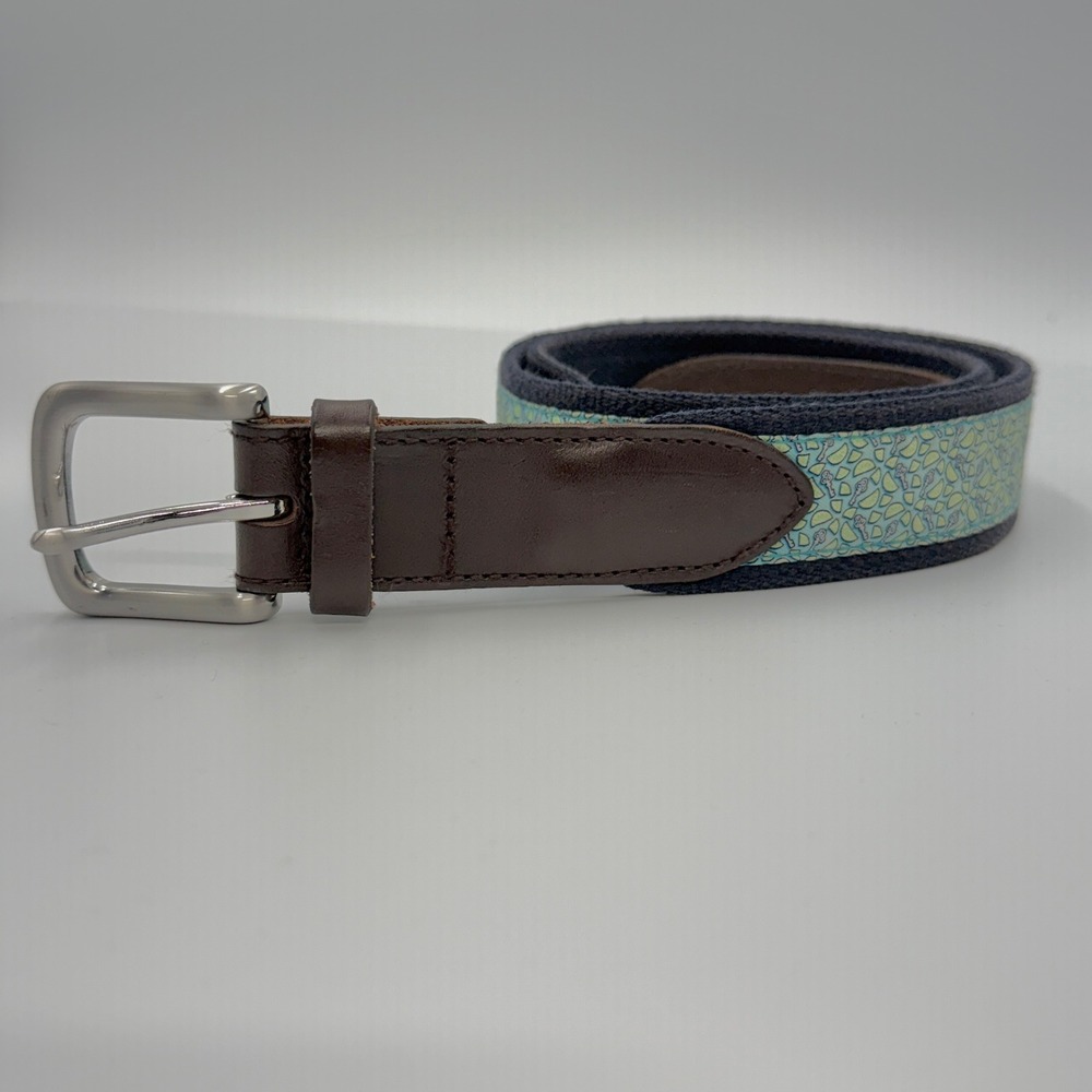 Vineyard Vines Mens Belt Navy Blue Canvas Silk Lime Key Print Leather Trim Sz 34